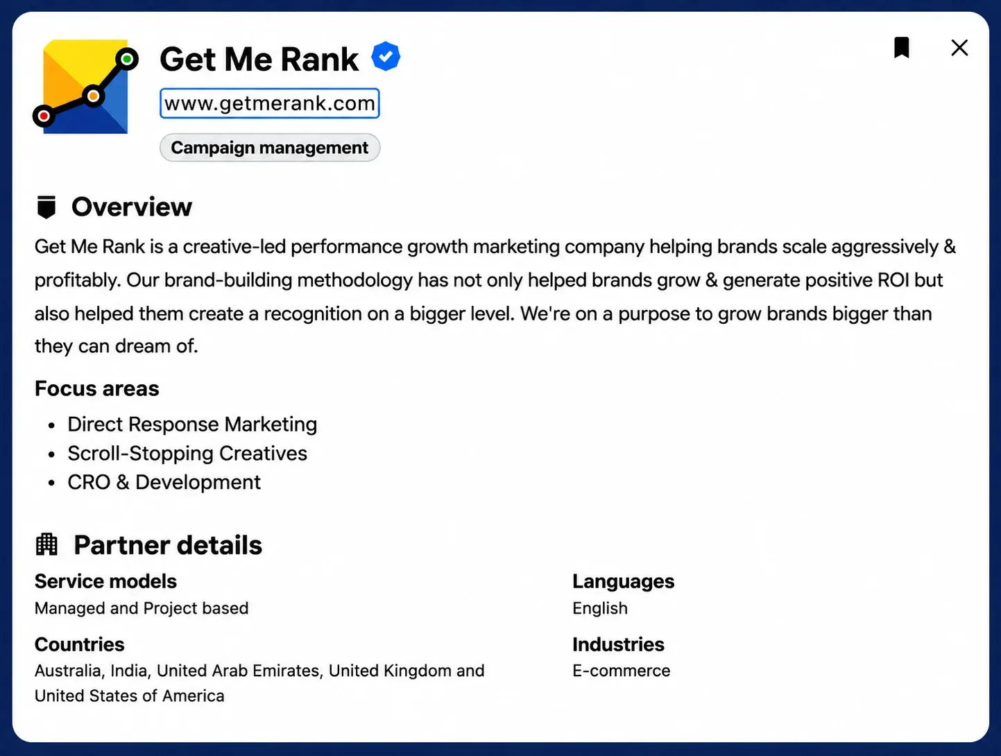 GetMeRank verified profile in Meta's Business Partner directory